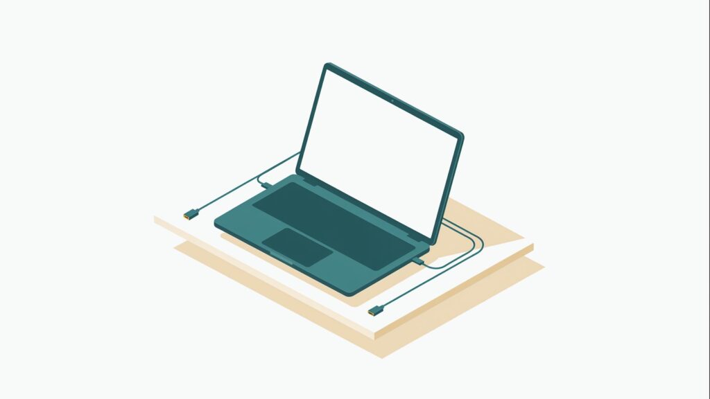 Smukły ultrabook z otwartą pokrywą i portami — ilustracja redakcyjna