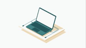 Smukły ultrabook z otwartą pokrywą i portami — ilustracja redakcyjna