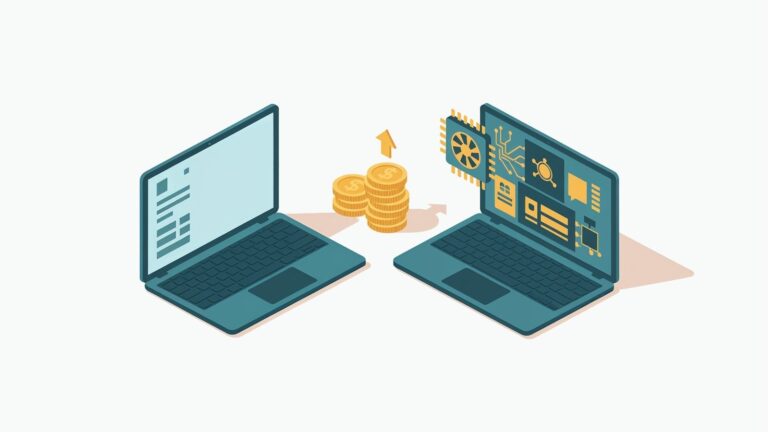 Ilustracja: dwa laptopy i monety symbolizujące dopłatę za moc