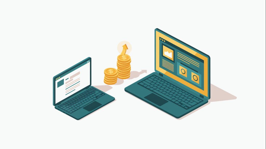 Ilustracja: dwa laptopy i monety symbolizujące dopłatę do wyższego budżetu