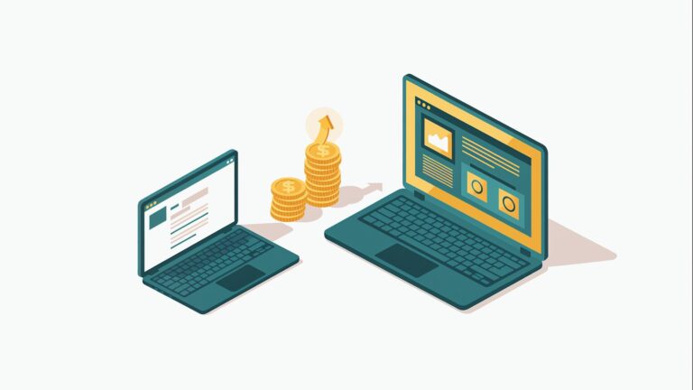 Ilustracja: dwa laptopy i monety symbolizujące dopłatę do wyższego budżetu