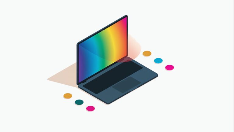 Ilustracja: laptop z jaskrawym kolorowym ekranem OLED i próbkami barw