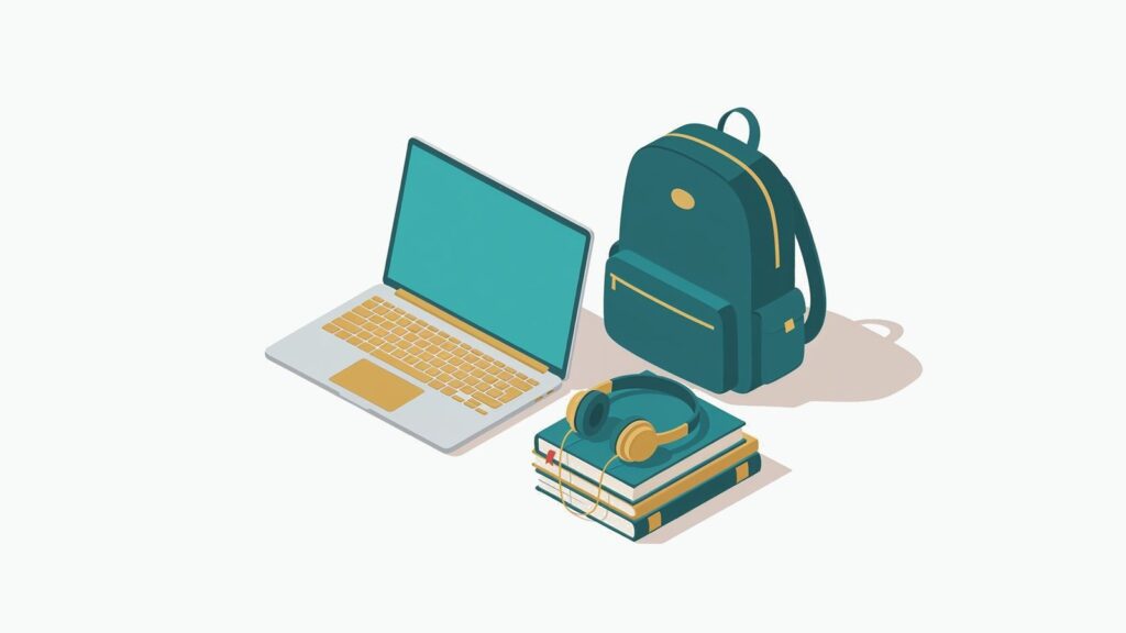 Ilustracja: lekki laptop dla studenta z plecakiem i książkami