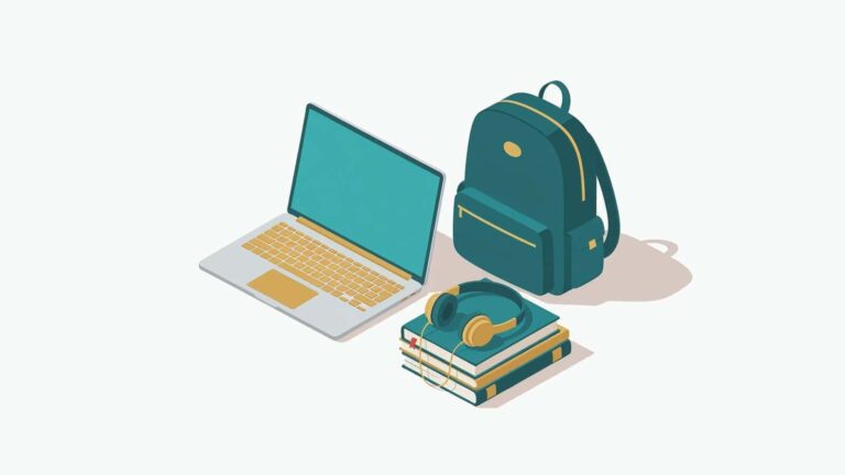 Ilustracja: lekki laptop dla studenta z plecakiem i książkami