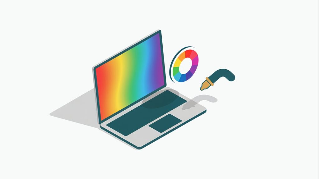 Ekran laptopa ze spektrum barw i kołem kolorów — gamut i kalibracja