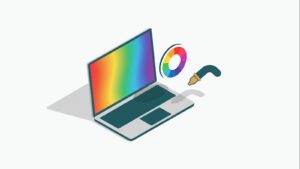 Ekran laptopa ze spektrum barw i kołem kolorów — gamut i kalibracja