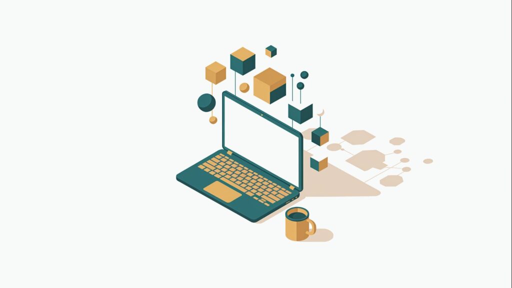 Laptop programisty z abstrakcyjnymi modułami i filiżanką kawy