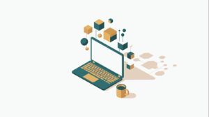 Laptop programisty z abstrakcyjnymi modułami i filiżanką kawy