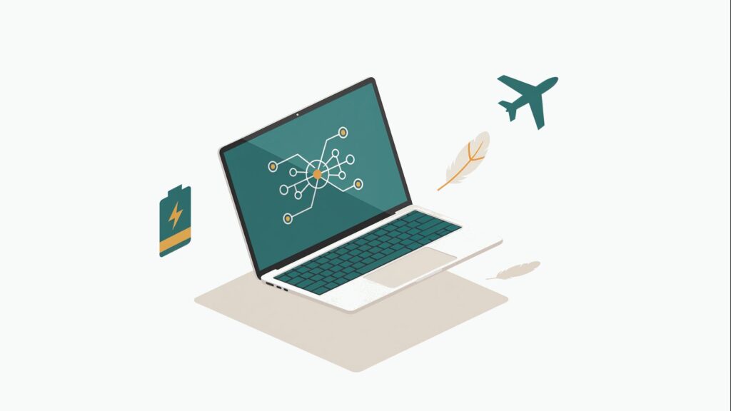 Lekki ultrabook z piórkiem i samolotem — symbol mobilności i niskiej wagi