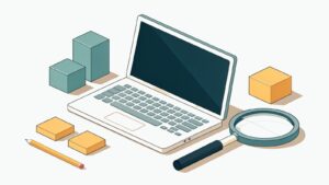 Ilustracja: laptop, lupa i elementy symbolizujące podzespoły