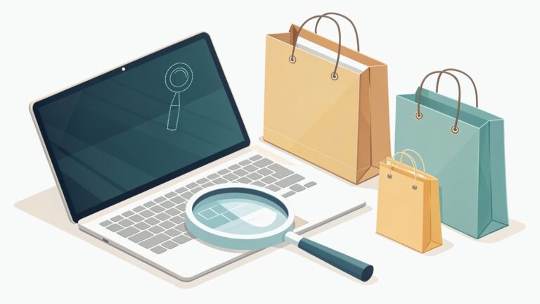 Ilustracja: laptop, lupa i torby zakupowe