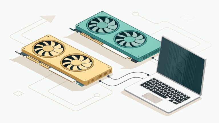 Ilustracja: dwie karty graficzne obok laptopa
